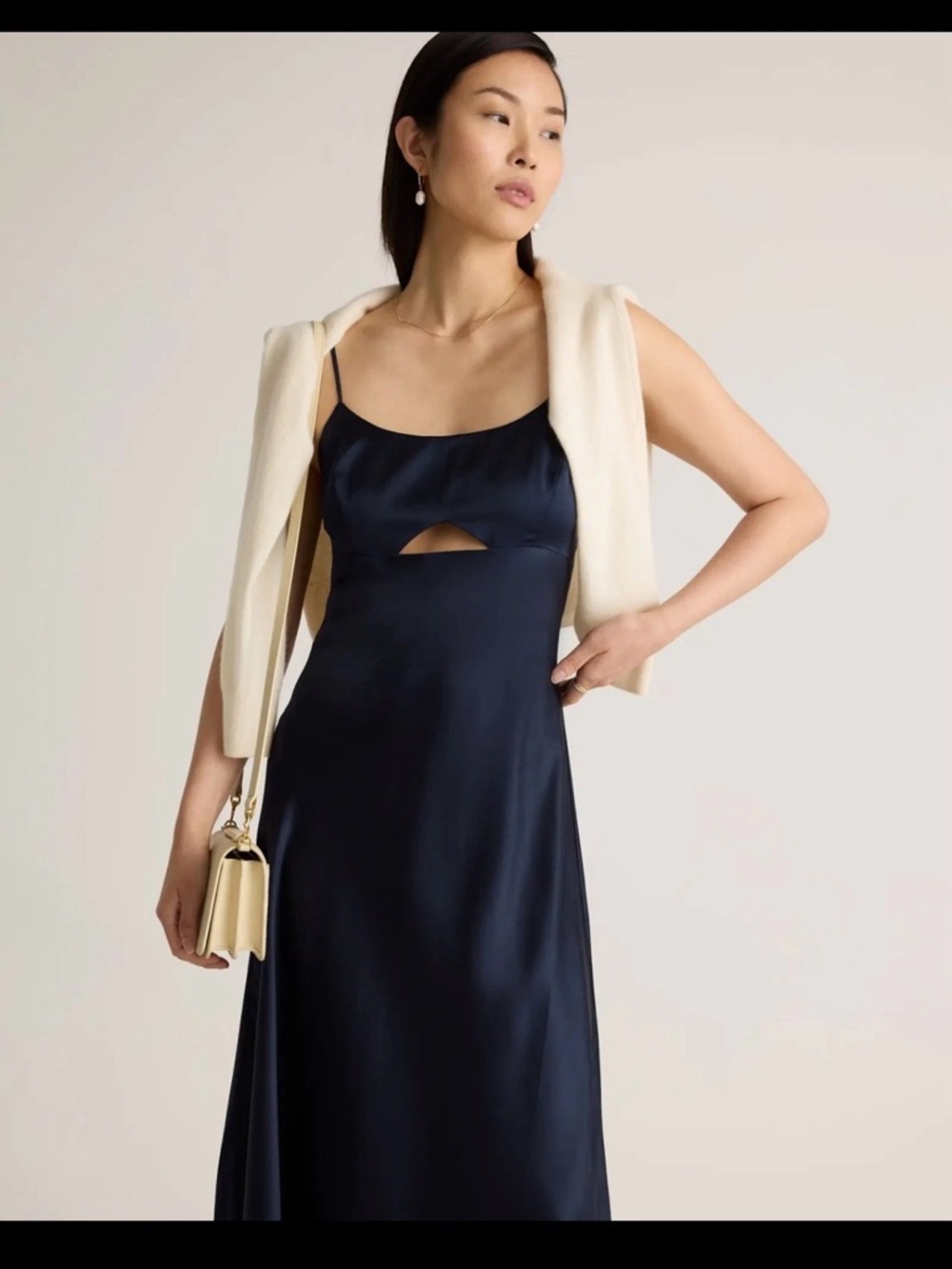 Quince Black Silk Midi Slip Dress with Front Cutout - Picture 3 of 7